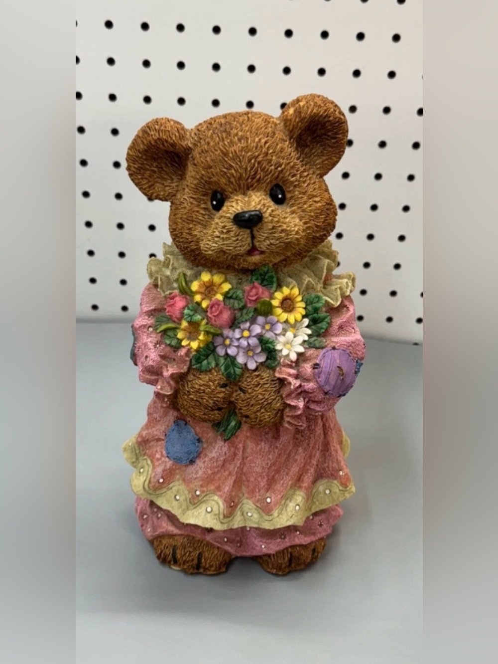 Brown teddy Bear Piggy bank in Pink Dress Holding Flowers - Decorative Home Acc